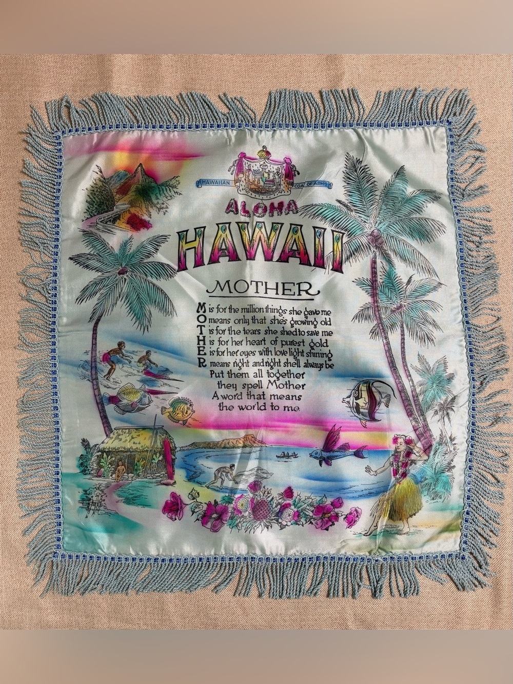 Vintage Hawaii Mother Satin Souvenir Pillow Cover 1950s Hula Fringe Aloha